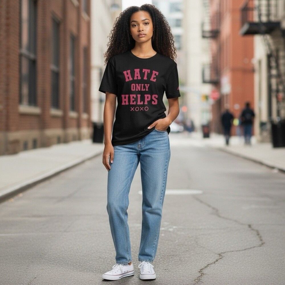 Women’s Size S Adidas The Go-To Tee “Hate Only Helps” black with pink. Cotton